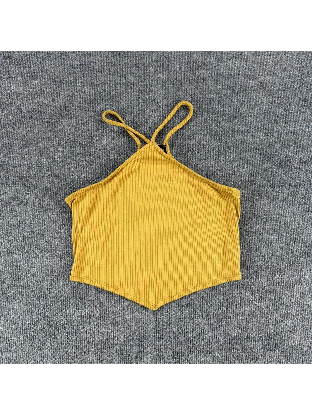 Endless Blu Mustard Yellow Ribbed Crop Halter Top Medium Festival, Summer, Beach